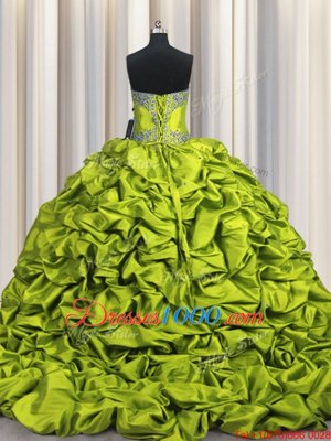 Brush Train Beading and Embroidery and Ruffled Layers and Pick Ups Ball Gown Prom Dress Olive Green Lace Up Sleeveless Floor Length