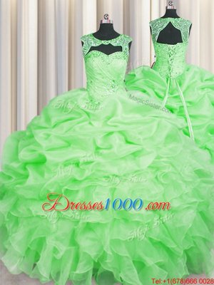 Customized Scoop Sleeveless Floor Length Beading and Pick Ups Lace Up Quinceanera Gowns with