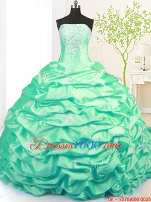 Beading and Pick Ups 15th Birthday Dress Turquoise Side Zipper Sleeveless With Train Sweep Train