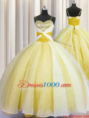 Classical Spaghetti Straps Yellow Organza Lace Up Quince Ball Gowns Sleeveless Floor Length Beading and Ruching