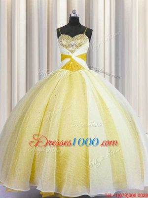 Classical Spaghetti Straps Yellow Organza Lace Up Quince Ball Gowns Sleeveless Floor Length Beading and Ruching