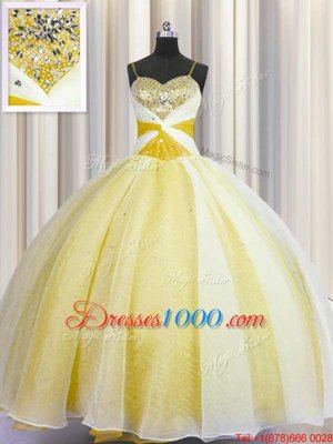 Classical Spaghetti Straps Yellow Organza Lace Up Quince Ball Gowns Sleeveless Floor Length Beading and Ruching