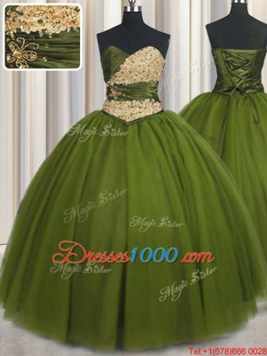 Edgy Beading and Ruching and Belt Ball Gown Prom Dress Olive Green Lace Up Sleeveless Floor Length