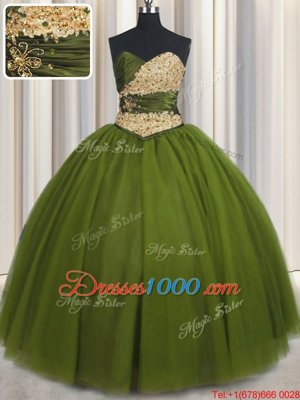 Edgy Beading and Ruching and Belt Ball Gown Prom Dress Olive Green Lace Up Sleeveless Floor Length