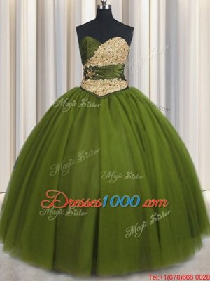 Edgy Beading and Ruching and Belt Ball Gown Prom Dress Olive Green Lace Up Sleeveless Floor Length