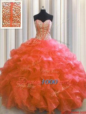Visible Boning Ball Gowns Quince Ball Gowns Red Sweetheart Organza Sleeveless Floor Length Lace Up