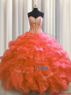 Visible Boning Ball Gowns Quince Ball Gowns Red Sweetheart Organza Sleeveless Floor Length Lace Up