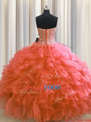 Visible Boning Ball Gowns Quince Ball Gowns Red Sweetheart Organza Sleeveless Floor Length Lace Up