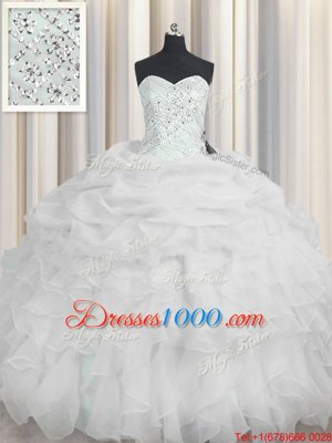 Comfortable Organza Sweetheart Sleeveless Lace Up Beading and Ruffles 15th Birthday Dress in White