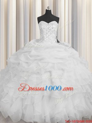 Comfortable Organza Sweetheart Sleeveless Lace Up Beading and Ruffles 15th Birthday Dress in White