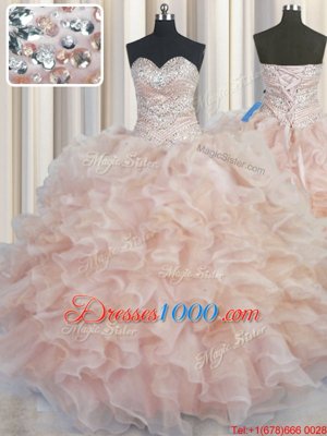 Unique Floor Length Lace Up Sweet 16 Quinceanera Dress Champagne and In for Military Ball and Quinceanera with Beading and Ruffles