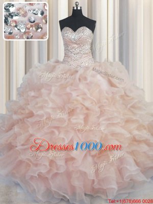 Unique Floor Length Lace Up Sweet 16 Quinceanera Dress Champagne and In for Military Ball and Quinceanera with Beading and Ruffles
