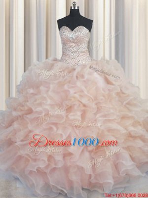 Unique Floor Length Lace Up Sweet 16 Quinceanera Dress Champagne and In for Military Ball and Quinceanera with Beading and Ruffles