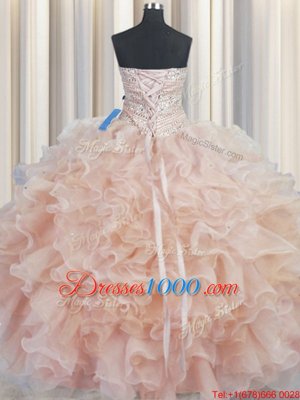 Unique Floor Length Lace Up Sweet 16 Quinceanera Dress Champagne and In for Military Ball and Quinceanera with Beading and Ruffles