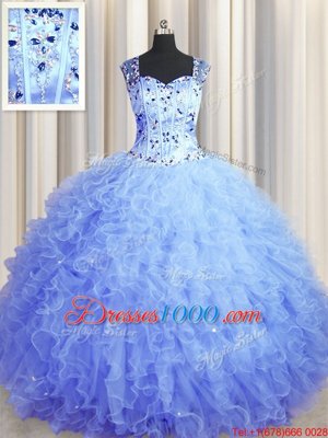 Custom Designed See Through Zipper Up Beading and Ruffles Quinceanera Gown Light Blue Zipper Sleeveless Floor Length