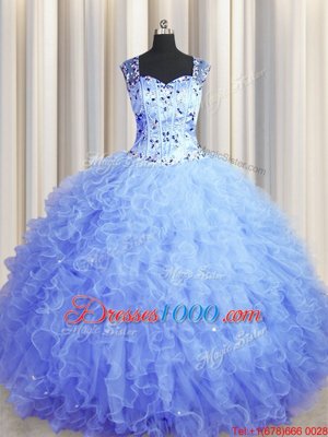 Custom Designed See Through Zipper Up Beading and Ruffles Quinceanera Gown Light Blue Zipper Sleeveless Floor Length