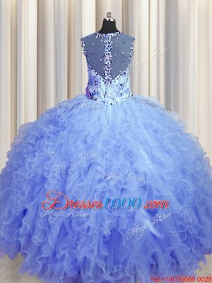 Custom Designed See Through Zipper Up Beading and Ruffles Quinceanera Gown Light Blue Zipper Sleeveless Floor Length