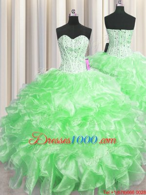 Visible Boning Sleeveless Floor Length Beading and Ruffles Zipper Quince Ball Gowns with