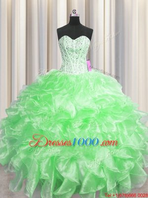 Visible Boning Sleeveless Floor Length Beading and Ruffles Zipper Quince Ball Gowns with