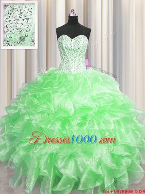 Visible Boning Sleeveless Floor Length Beading and Ruffles Zipper Quince Ball Gowns with