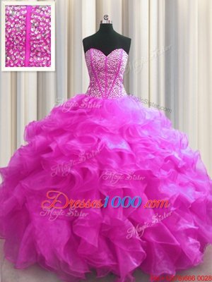 Traditional Visible Boning Fuchsia Vestidos de Quinceanera Military Ball and Sweet 16 and Quinceanera and For with Beading and Ruffles Sweetheart Sleeveless Lace Up