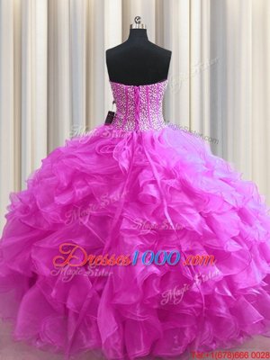 Traditional Visible Boning Fuchsia Vestidos de Quinceanera Military Ball and Sweet 16 and Quinceanera and For with Beading and Ruffles Sweetheart Sleeveless Lace Up