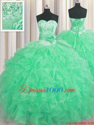 Handcrafted Flower Beading and Ruffles and Hand Made Flower Vestidos de Quinceanera Apple Green Lace Up Sleeveless Floor Length