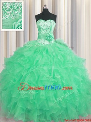 Handcrafted Flower Beading and Ruffles and Hand Made Flower Vestidos de Quinceanera Apple Green Lace Up Sleeveless Floor Length