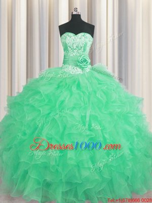 Handcrafted Flower Beading and Ruffles and Hand Made Flower Vestidos de Quinceanera Apple Green Lace Up Sleeveless Floor Length