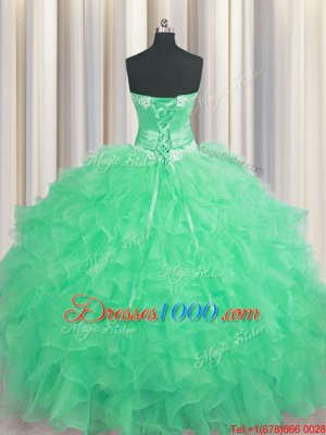 Handcrafted Flower Beading and Ruffles and Hand Made Flower Vestidos de Quinceanera Apple Green Lace Up Sleeveless Floor Length