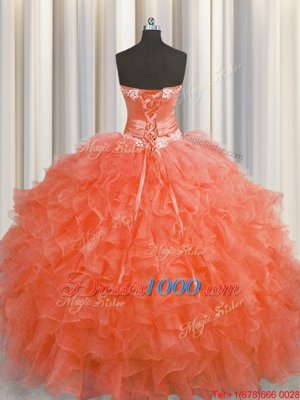 Colorful Handcrafted Flower Floor Length Red Quinceanera Dresses Organza Sleeveless Beading and Ruffles and Hand Made Flower