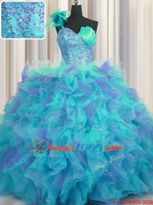 Handcrafted Flower Multi-color Ball Gowns One Shoulder Sleeveless Tulle Floor Length Lace Up Beading and Ruffles and Hand Made Flower Sweet 16 Dress