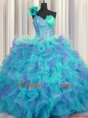 Handcrafted Flower Multi-color Ball Gowns One Shoulder Sleeveless Tulle Floor Length Lace Up Beading and Ruffles and Hand Made Flower Sweet 16 Dress