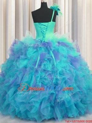 Handcrafted Flower Multi-color Ball Gowns One Shoulder Sleeveless Tulle Floor Length Lace Up Beading and Ruffles and Hand Made Flower Sweet 16 Dress
