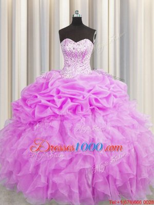Visible Boning Lilac Sleeveless Floor Length Beading and Ruffles and Pick Ups Lace Up Quinceanera Dress