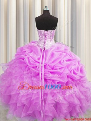 Visible Boning Lilac Sleeveless Floor Length Beading and Ruffles and Pick Ups Lace Up Quinceanera Dress