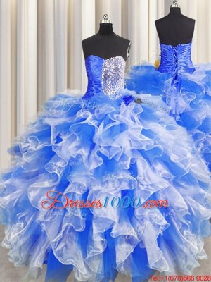 Organza Sweetheart Sleeveless Lace Up Beading and Ruffles and Ruching Quinceanera Gown in Blue And White