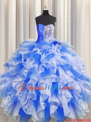 Organza Sweetheart Sleeveless Lace Up Beading and Ruffles and Ruching Quinceanera Gown in Blue And White