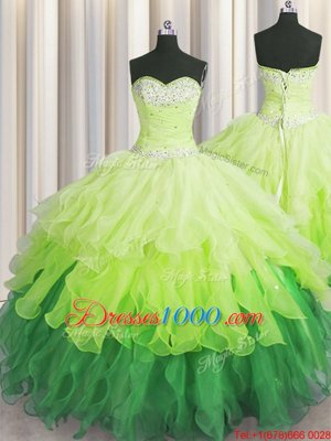 Multi-color Organza Lace Up Quinceanera Dresses Sleeveless Floor Length Beading and Ruffles and Ruffled Layers and Sequins