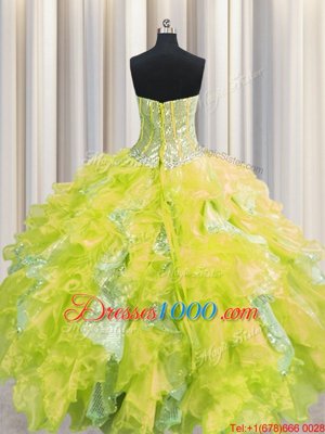 Visible Boning Sleeveless Floor Length Beading and Ruffles and Sequins Lace Up Sweet 16 Dress with Yellow
