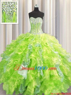 Excellent Visible Boning Yellow Green Sleeveless Beading and Ruffles and Sequins Floor Length Sweet 16 Dress