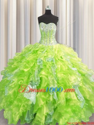 Excellent Visible Boning Yellow Green Sleeveless Beading and Ruffles and Sequins Floor Length Sweet 16 Dress