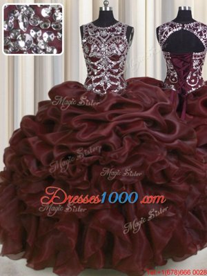See Through Scoop Sleeveless 15th Birthday Dress Floor Length Beading and Pick Ups Burgundy Organza