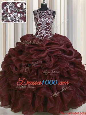 See Through Scoop Sleeveless 15th Birthday Dress Floor Length Beading and Pick Ups Burgundy Organza