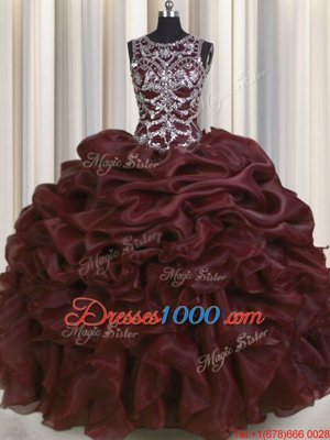 See Through Scoop Sleeveless 15th Birthday Dress Floor Length Beading and Pick Ups Burgundy Organza