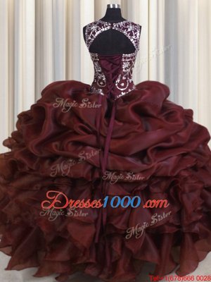 See Through Scoop Sleeveless 15th Birthday Dress Floor Length Beading and Pick Ups Burgundy Organza