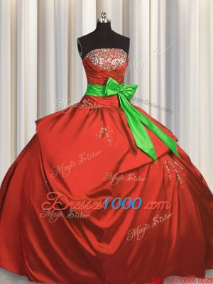 Traditional Floor Length Lace Up Quinceanera Gown Coral Red and In for Military Ball and Sweet 16 and Quinceanera with Ruching and Bowknot