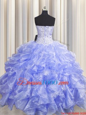 Visible Boning Zipper Up Lavender Sleeveless Floor Length Beading and Ruffles Zipper Ball Gown Prom Dress