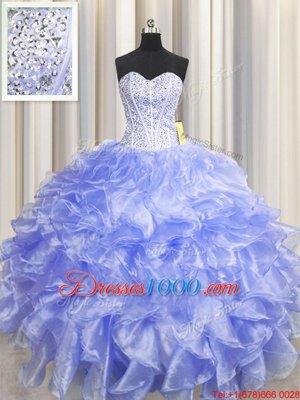 Visible Boning Zipper Up Lavender Sleeveless Floor Length Beading and Ruffles Zipper Ball Gown Prom Dress