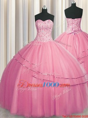 Fancy Visible Boning Big Puffy Rose Pink Sleeveless Floor Length Beading Lace Up Sweet 16 Quinceanera Dress